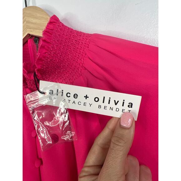 NWT Alice + Olivia Lavinia Smock Crepe Long Sleeve Fit & Flare Pink Mini Dress - Picture 5 of 10